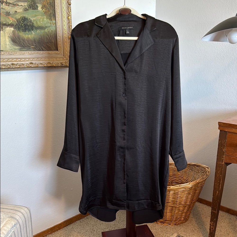 Banana Republic Black Satin Button-Up Shirtdress